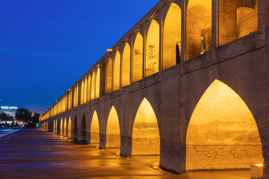 Si-o-se-pol, Allahverdi Khan Bridge at night, Zayanderud river, Isfahan, Isfahan Province, Iran