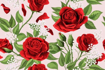 Red rose bouquets and green leaves seamless pattern. Floral elements design