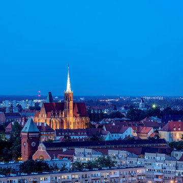 Elevated view towards Holy Cross Church at dusk, Wroclaw, Lower Silesian Voivodeship, Poland