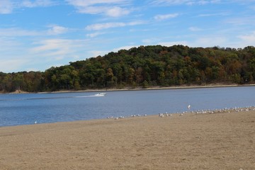A view of the calm lake from the sand on the beach.