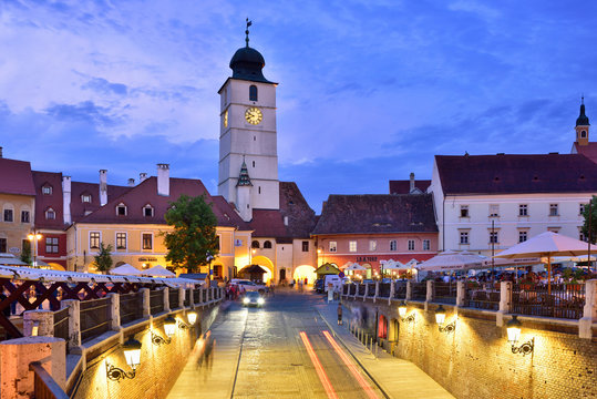 Old Town Hall Tower (Council Tower) and Piata Mica at dusk. Sibiu, Transylvania. Romania