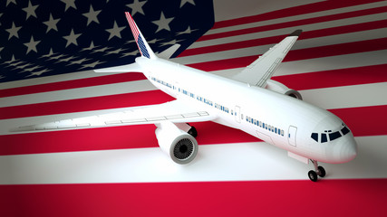 Airplane against the background of the flag USA. 3d rendering