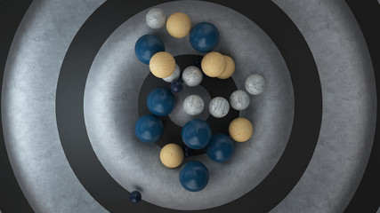 Abstract 3d render. Radial composition with waves effect and random spheres from center.