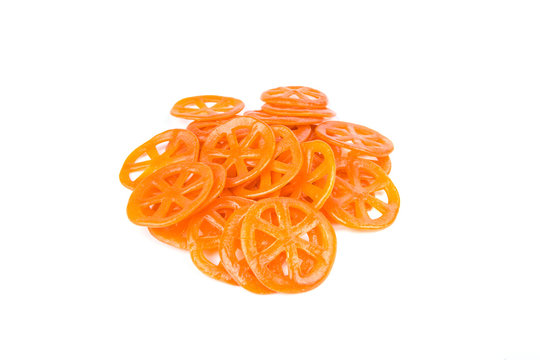 Pile of dehydrated orange wagonwheel duros duritos food