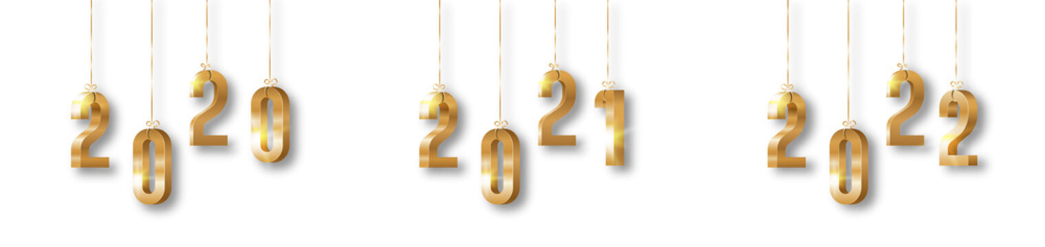 Hanging golden and shiny number new year 2020, 2021 and 2022 with shadow on white background set