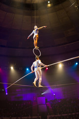 performance of aerialists in the circus arena.