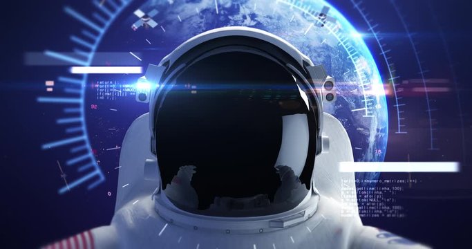 Astronaut Looks At The Empty Space. Planet Earth Is Orbiting On Background. Technology Related 4K CG Animation.