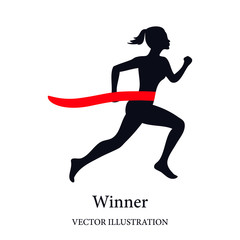 Running woman, winner at finish line. Vector.