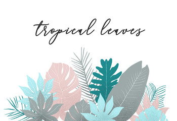 Hand drawn branches and leaves of tropical plants. Natural green background with space for text. Watercolor vertical floral frame.
