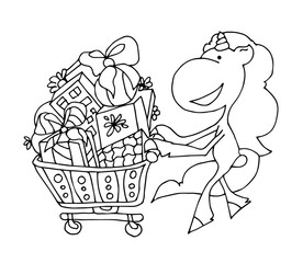 Cute fabulous unicorn with outlined for coloring book isolated on a white background. Unicorns lucky trolley with gifts and shopping. New Year and Merry Christmas spirit.