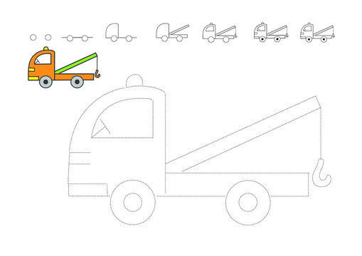 Drawing tutorial. How to draw the car. Crane to be traced. Vector trace game. Dot to dot educational game for kids. the car