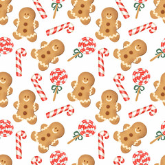 Hand-drawn gingerbread man seamless pattern. Theme of the New Year, Christmas, winter weekend. Illustration for cards, posters, wrapping paper, prin