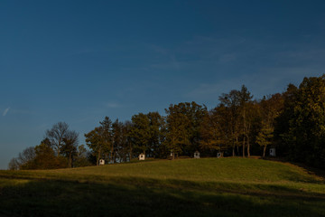 Obraz premium View over Hradec nad Moravici town near chapel and crucifix in forest