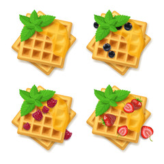 Realistic Detailed 3d Belgian Waffle Set. Vector
