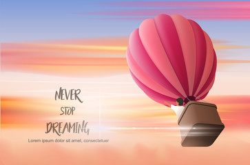 Hot air Ballon in the cloudy sunset sky with boy in the basket directing upward, vector illustration for motivating landing page template