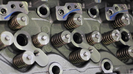 New car motor cylinder block head unit, valves with springs close up