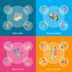 Characters Different Nanny Concept Banner Set 3d Isometric View. Vector