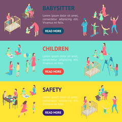 Fototapeta premium Characters Different Nanny Concept Banner Horizontal Set 3d Isometric View. Vector