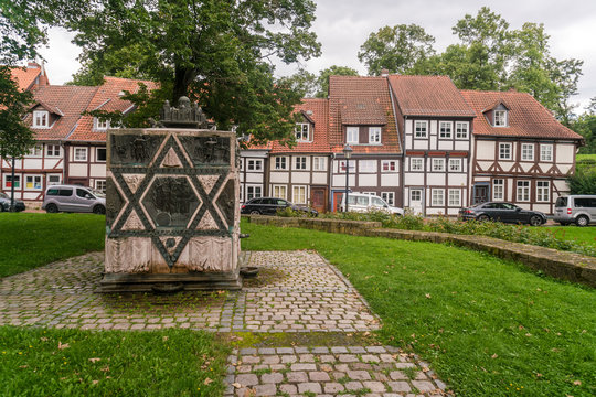 Historic  timbered houses with jewish memorial in Hildesheim