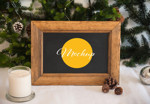 Blackboard with Wooden Frame and Christmas Decoration Mockup