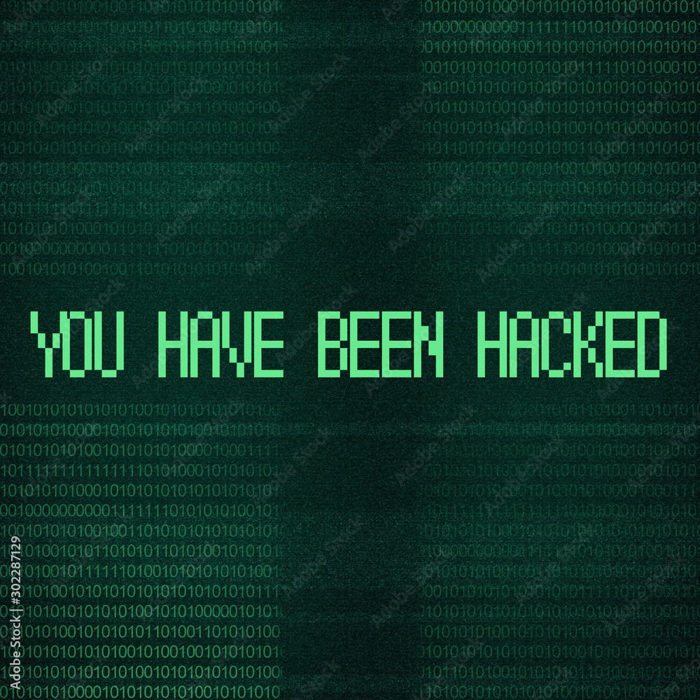 Poster You have been hacked inscription over binary code stream background