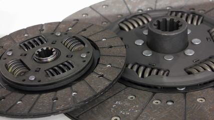 Car clutch plate discs close up, vehicle transmission repair parts