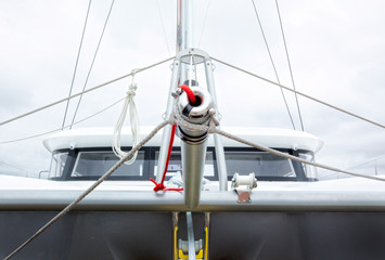 Front view of a cruising catamaran