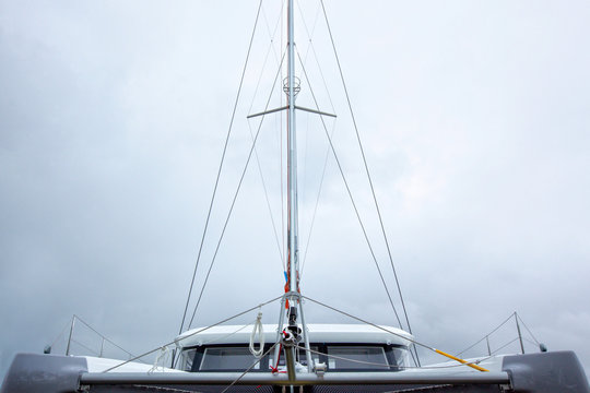 Front view of a cruising catamaran