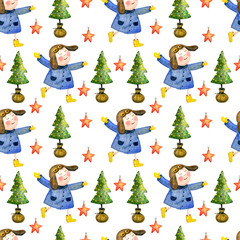 Watercolor hand drawn Christmas pattern. Cute child. Happy new year seamless texture. Christmas fun characters. Holiday traditional items. 