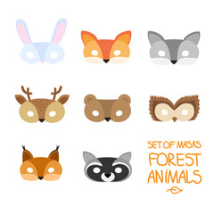 Fototapeta premium illustration set of cartoon animal forest carnival masks: bear, fox, hare, wolf, owl, squirrel, deer, raccoon. mask on the eyes of a masquerade. vector