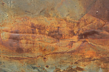  Rusty corrosion and oxidized background. Worn metallic iron panel. Abandoned design wall. Horizontal