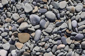Grey and beige sea pebbles background, top view. Close up texture of  small smooth stones on seashore, macro