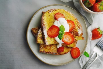 Breakfast French toast with berries, overhead view