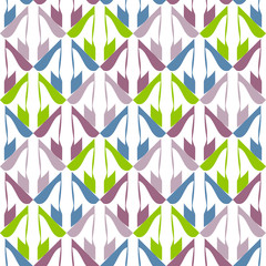 Multicolored seamless pattern with geometric elements on a white background.