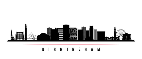 Birmingham skyline horizontal banner. Black and white silhouette of Birmingham, United Kingdom. Vector template for your design. - obrazy, fototapety, plakaty