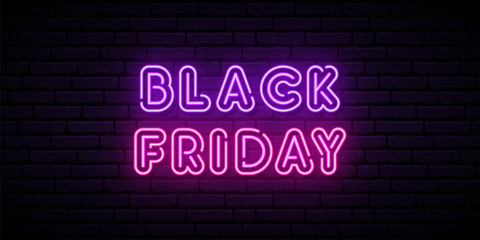 Black Friday neon sign. Bright concept signboard. Vector Sale background with violet inscription.
