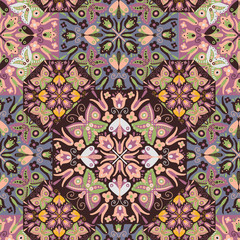 Modern seamless vector floral pattern with kaleidoscope motifs. Can be used for printing on paper, stickers, badges, bijouterie, cards, textiles. 