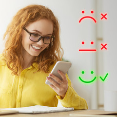 Red-haired woman giving high marks for service