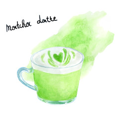 watercolor matcha latte. Asian  hot drink