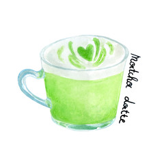 watercolor matcha latte. Watercolor drink. Illustration for menu, greeting card.
