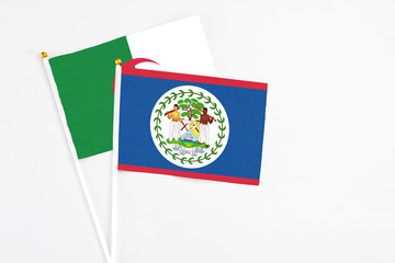 Belize and Algeria stick flags on white background. High quality fabric, miniature national flag. Peaceful global concept.White floor for copy space.