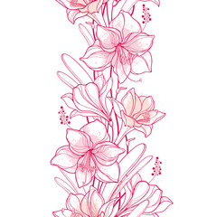 Vertical seamless pattern with outline Amaryllis or belladonna Lily flower and leaf in pastel pink on the white background.
