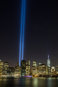 The September 11th Memorial in Light, seen from Dumbo, Brooklyn.