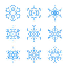 Fototapeta na wymiar Set of blue snowflake icon - a symbol of winter holidays, Christmas and New Year, cold weather and frost - isolated on white background. Elegant vector design element. 