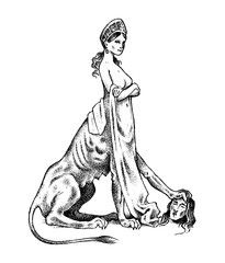 Mythical Sphinx. Mythological animal. Ancient human lion, fantastic creatures in the old vintage style. Engraved hand drawn old sketch.