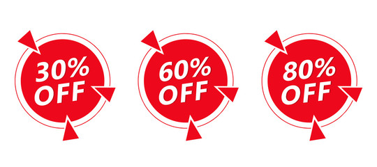 Sale of special offers. Discount with price is 30, 60, 80%. An ad with a red label for a retail advertising campaign on the day of purchase. Vector isolates on a white background. Round symbol