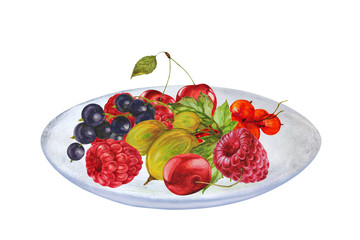 raspberries, currants, gooseberries, cherries, lying on a white plate, watercolor illustration isolated