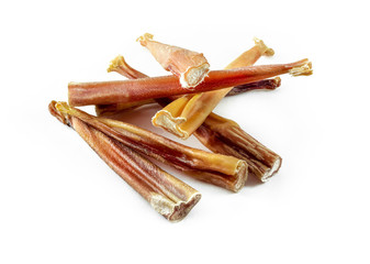 a group of natural dog teeth cleaning bully sticks on white background