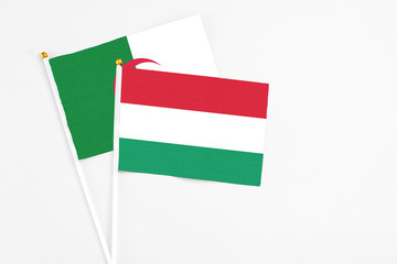 Hungary and Algeria stick flags on white background. High quality fabric, miniature national flag. Peaceful global concept.White floor for copy space.