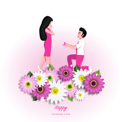 Valentine's Day cartoon character with a cute couple in love, man proposing to the woman kneeling in flowers background vector illustration